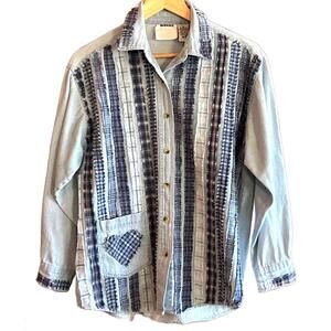 PTNY Womens Shirt Sz Small Blue Denim Patchwork Button Down Boho